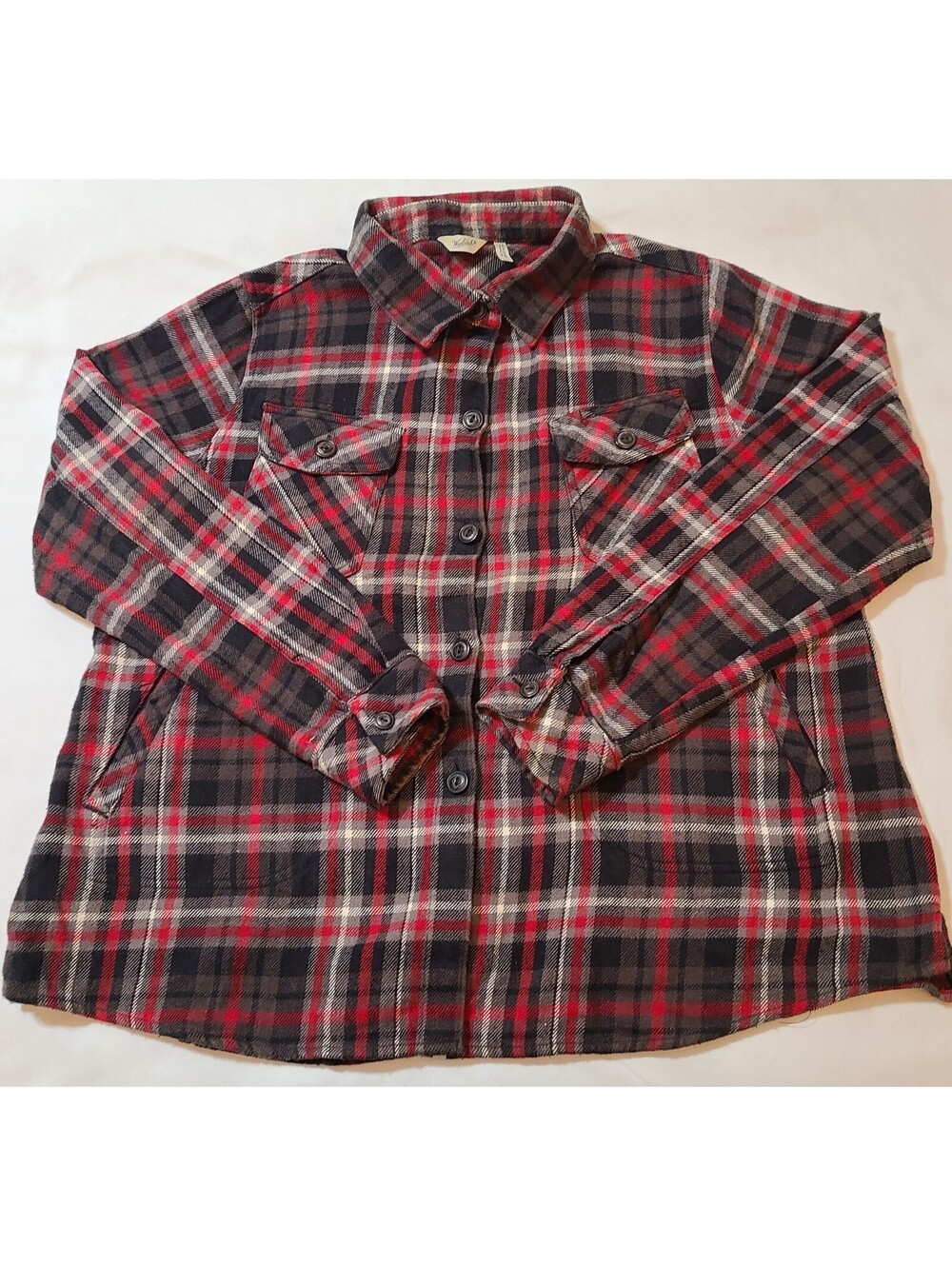 Woolrich Plaid Flannel Shirt Womens Sz Large Red Gray Outdoors Fall Nature Hike